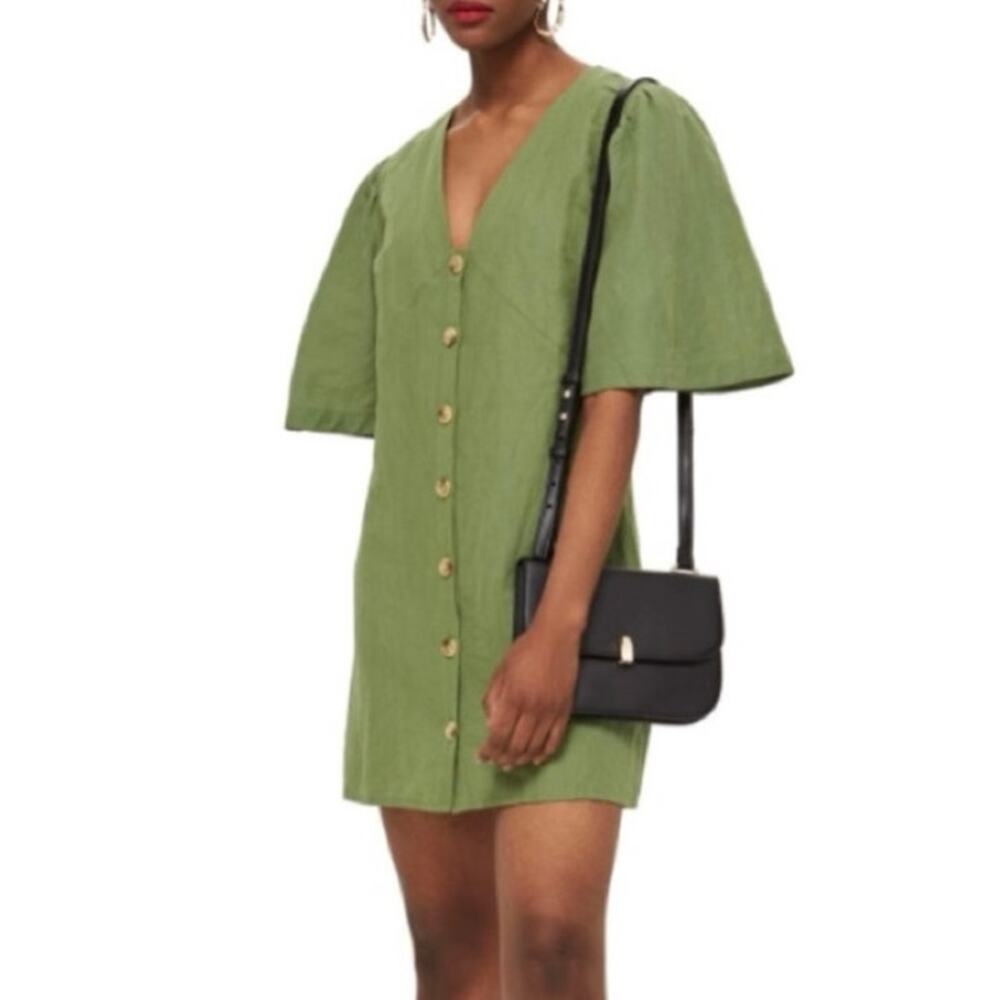 Topshop Angel sleeve linen blend button down mini dress 4 top shop green